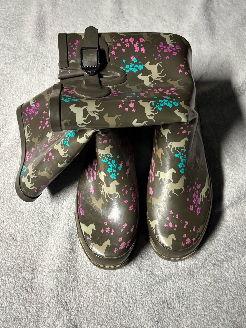 Western Chief Chestnut Kids Horse Print Rain Boots with Pink & Teal Accents
